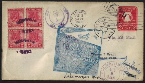 US 1928 FIRST FLIGHT TULSA OKLAHOMA AIR MAIL CAM 3 CHICAGO DALLAS Cover