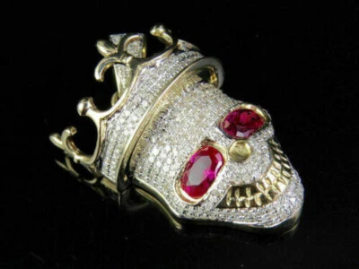 Dazzling Crown Skull Red Eyed & White Lab Created Gemstone Charm Silver Pendant - Image 1 of 4