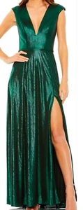 Mac Duggal #27156 V-Neck High Slit Metallic Dress Emerald Green Size 6 NEW - Picture 1 of 8