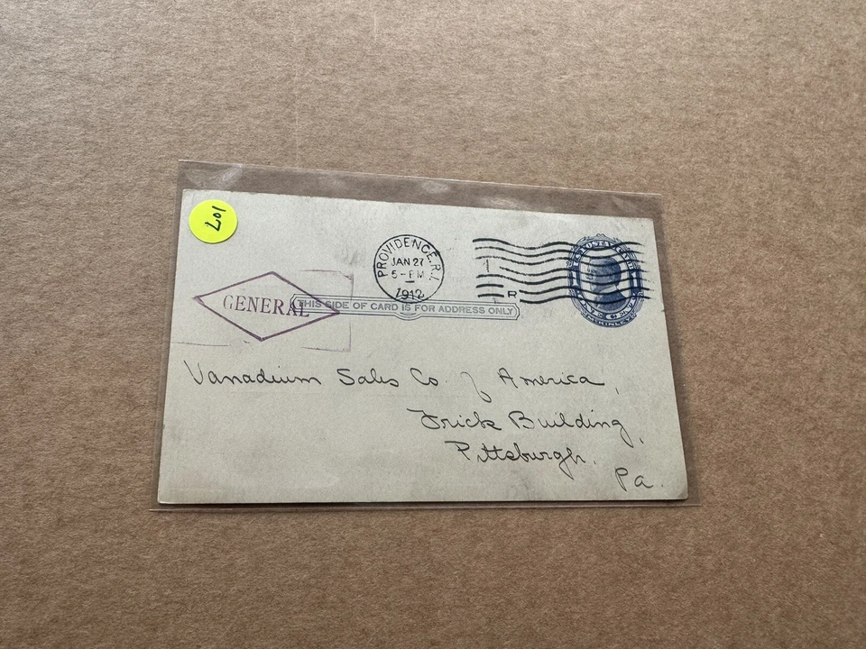 US 1912 Library Postal Card (L01) +UX22 +Providence Public Library +General Chop - Image 1 of 2