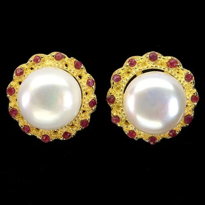 925 Sterling Silver Earrings Round Ruby Myanmar Pearl Natural Gemstone Jewelry - Image 1 of 4