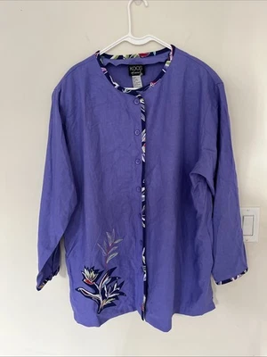 KOOS of Course Linen Purple button-down Coat Size 1X Shoulder Pads Embroidered - Image 1 of 4