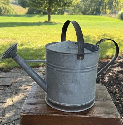 Vintage Galvanized Metal Watering Can w/ Shower Nozzle Brown Handles Trim - Image 1 of 4
