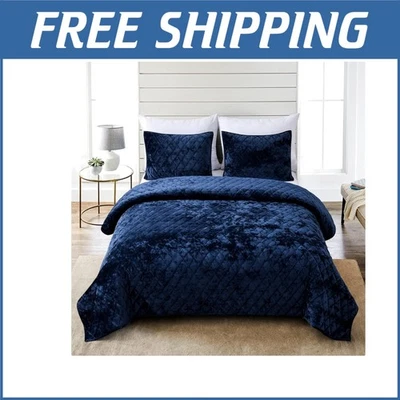 Edredón de terciopelo envejecido King azul marino de 3 piezas con acolchado de diamantes - comodidad moderna Foto 1 de 4