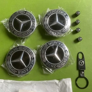 X4 Black Alloy Wheel Centre Caps 75mm - Fits All 4 Valve Stem Caps & Key Ring - Picture 1 of 5