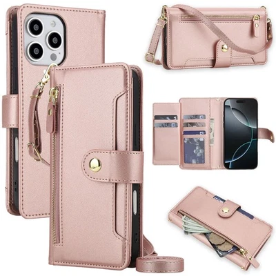 Para iPhone 14 15 16 17 Pro Max Correa de Muñeca Soporte Anillo Bloqueo RFID Cartera Estuche Foto 1 de 4