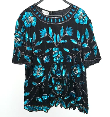 Impresionante Top Vintage STENAY Talla Grande 2X Cuentas Floral Lentejuelas Noche Negro Azul Foto 1 de 4