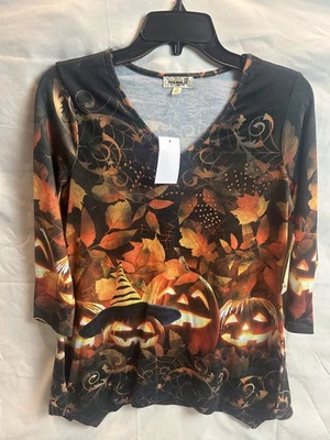 NEW One World Top Womens Halloween Pumpkin Tunic V Neck 3/4 Sleeve size Small - Image 1 of 4