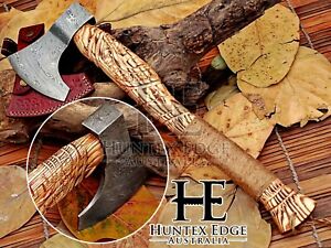 HUNTEX Handmade Forged Damascus Blade, Gorgeously Hand Carved Ash Wood Tomahawk