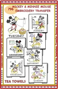 Mickey & Minnie Mouse Tea Towels embroidery transfer pattern DOW # 796 IRON-ON - Picture 1 of 1