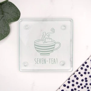 Engraved Square Glass Coaster SEVEN-TEA Design 70th Birthday Gift Dad, Grandad - Picture 1 of 18