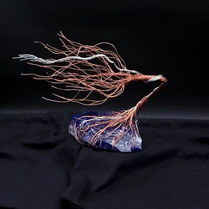 Scultura albero spirito filo argento rame vetro blu #2013 regalo recupero unico - Foto 1 di 4