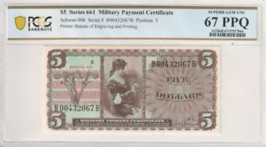 US Military Payment Certificate $5 Dollars Series 661, PCGS 67 PPQ - Picture 1 of 3