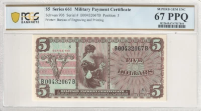 US Military Payment Certificate $5 Dollars Series 661, PCGS 67 PPQ - Image 1 of 3