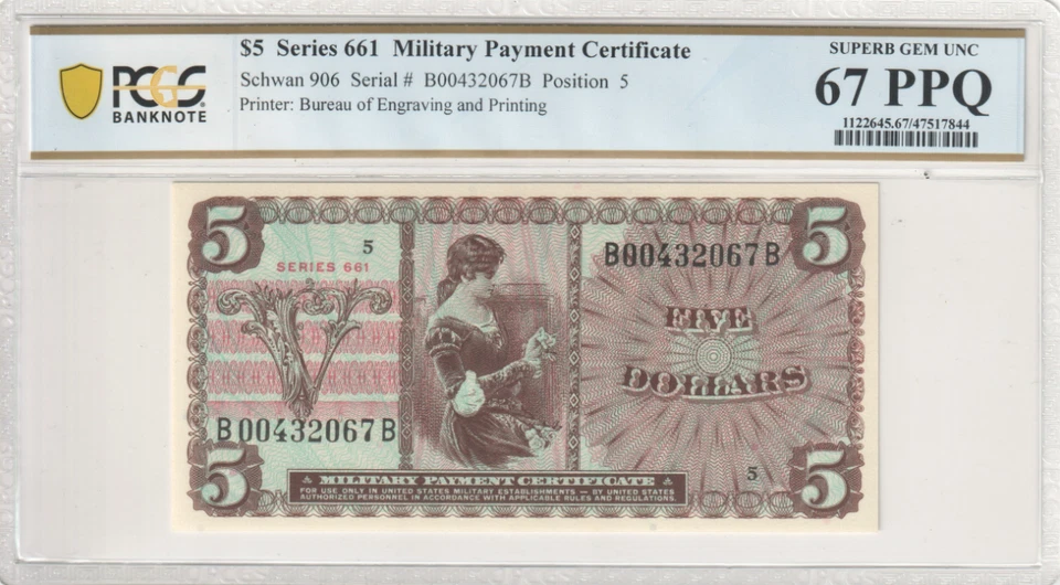 US Military Payment Certificate $5 Dollars Series 661, PCGS 67 PPQ - Image 1 of 3