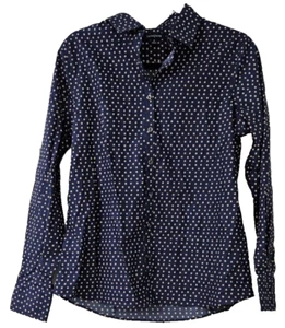 Lands End Women’s Sz 8 Navy Blue Polka Dot Button Down Shirt No Iron Long Sleeve - Picture 1 of 5