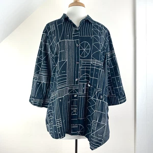 Artsy Linen Cotton Blouse, Geometric Black & White, Button Up Collared Lagenlook - Bild 1 von 17