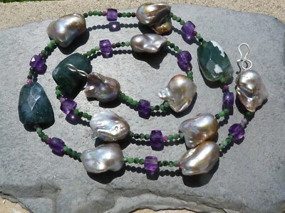 Collana Con Perle D'Acqua Dolce , Agata Schiuma, Ametista, Rubino-Zoisite, 71 CM - Immagine 1 di 4