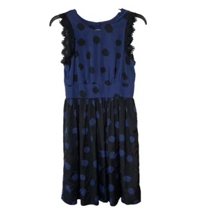 Corey Lynn Calter Anthro Polka Dot Fit & Flare Dress 2 Blue Open Back Lace Trim - Picture 1 of 9