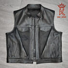 Men Premium Perforated Black Leather Club Bike Riding Vest Conceal Pockets Vest