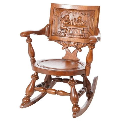 Antique English Figural Carved Oak Rocker with Pub Genre Scene, Circa 1910 Cover