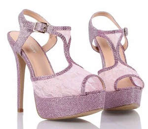 Purple Pink Peep Toe Stiletto Lace Glitter Slingbacks Womens High Heels Size 8 - Bild 1 von 7