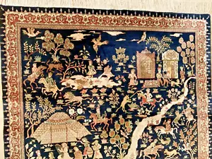 VINTAGE CHINESE PICTORAL WALL HANGING SILK RUG HAND KNOTTED - Picture 1 of 5