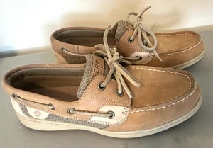 Womens Sperry Topsider Bluefish Tan Linen Oat Boat Shoes Sz 8 Dockside Preppy - Picture 1 of 10
