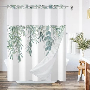 No Hook Shower Curtain with Snap in Liner Sage Green Plants Shower Curtain an... - Picture 1 of 7
