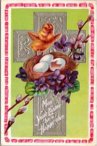 AK Ostern Silber Kreuz Küken Eier Nest Blumen geprägt 1913 - Bild 1 von 2