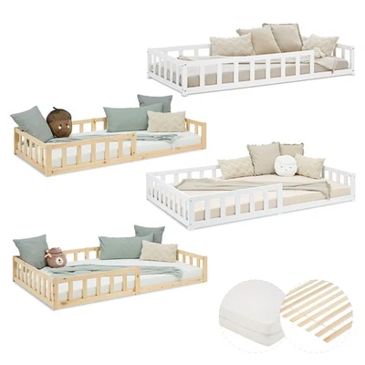 Kinderbett 90 120 x200 Rausfallschutz Bodenbett Holz Massiv Matratze Homestyle4u - Bild 1 von 4