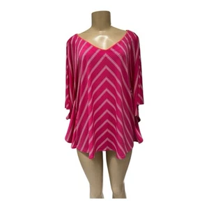 Susan Graver Womens Striped Liquid Knit Top Size M Hot Pink V-Neck Batwing - Picture 1 of 6