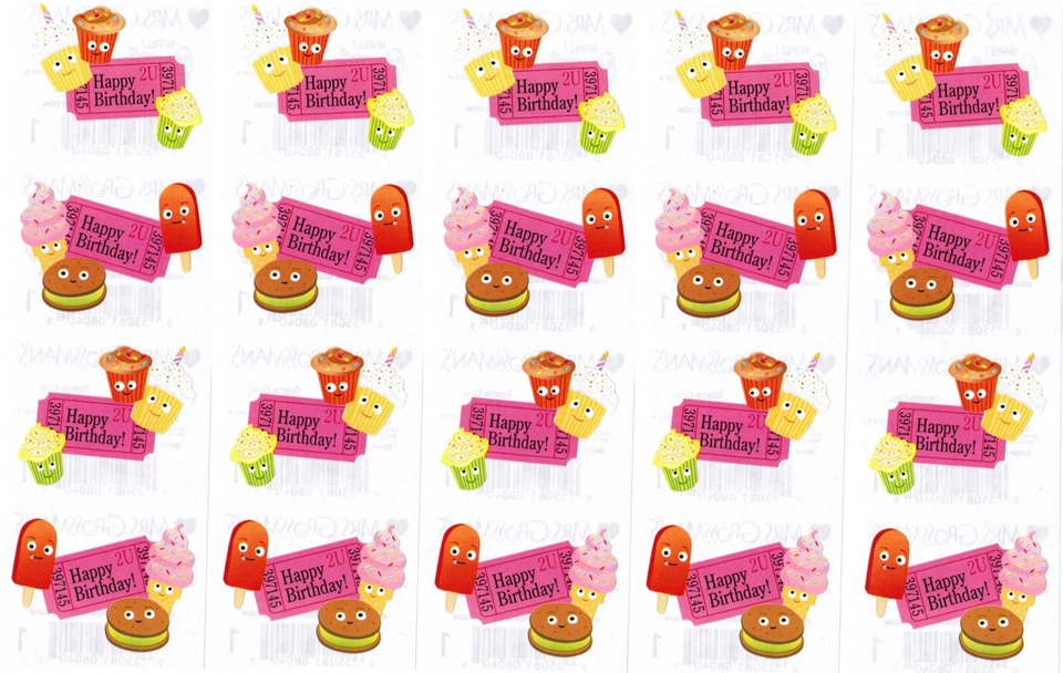 Mrs Grossman's Happy Birthday Cupcake Popcorn Snack Scrapbook Stickers! 5 Strips - Image 1 of 1
