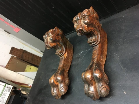 Vintage Antique Pair  Carved Oak Wood Lion Claw Paw Foot Table Legs Salvage Cover