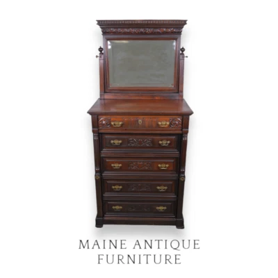 Antique Victorian Heavily Carved Mirror Lock Side Chest – 5 Drawers, #22209 - Image 1 of 4