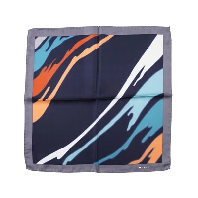 Kiton Napoli Navy-Blue-Orange Abstract Watercolor Print Silk Pocket Square - Image 1 of 4