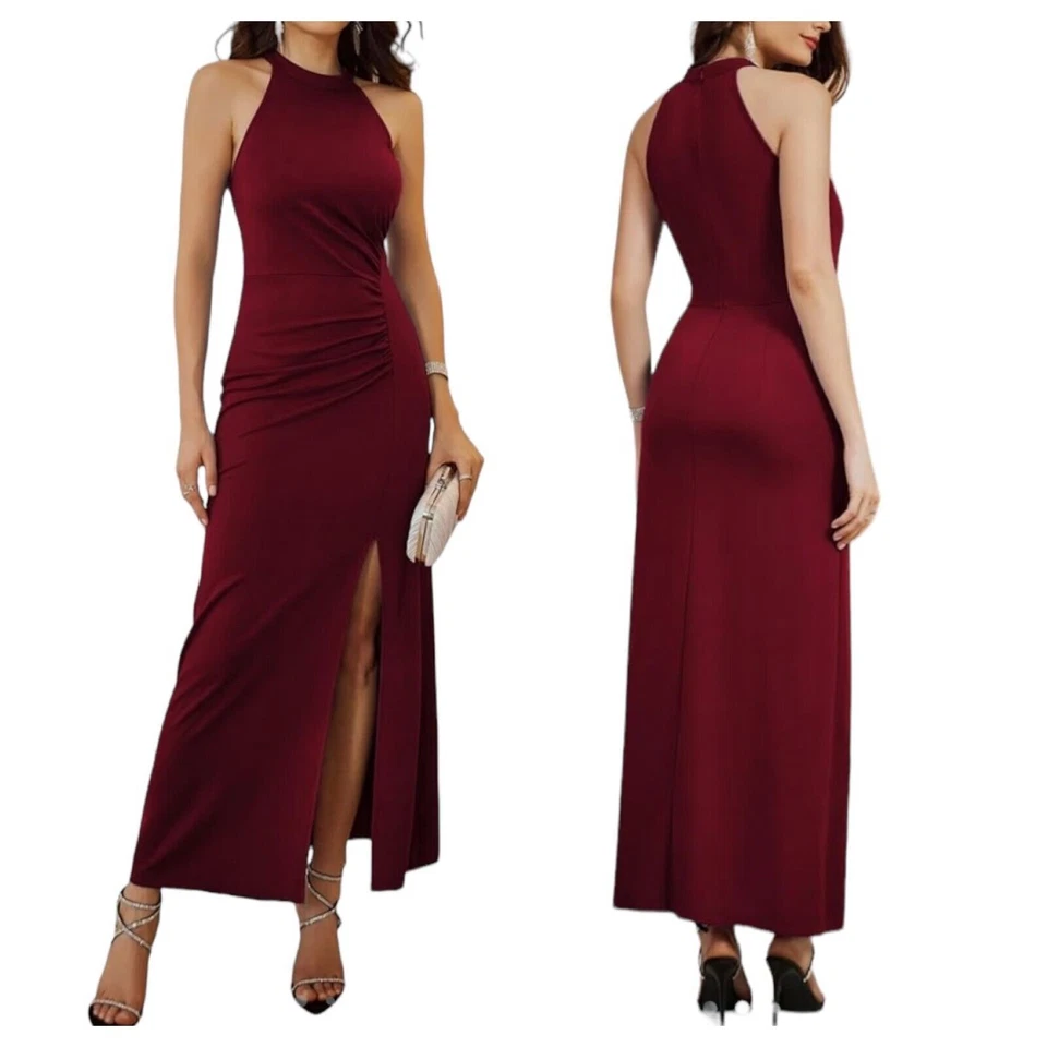 Grace Karin Womens Sheath Dress Red Ruched Sleeveless Halter Zip Elegant Large - Image 1 of 4