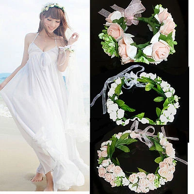 5b 2pc Satin Rose Floral Vine Bridal Wedding Garland Headband & Bracelet SET - Image 1 of 4
