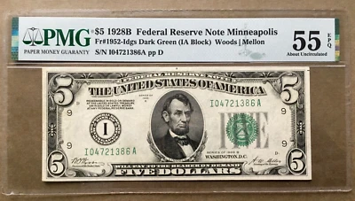 1928-B  $5 FRN  MINNEAPOLIS  Fr. I952-I dgs  PMG 55 EPQ   Ser# I 04721386 A - Image 1 of 3
