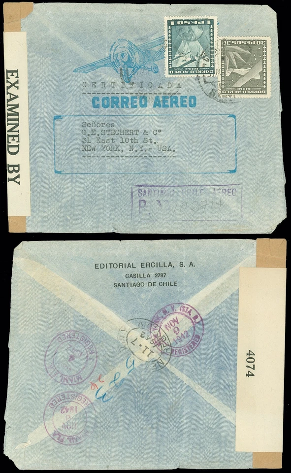 1942 Segunda Guerra Mundial SANTIAGO CHILE' Capa Censurada com Fita para EUA, REGISTRADA, CORREO AEREO - Imagem 1 de 1