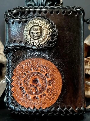 Hand Tooled & Laced Front Pocket Trifold Leather Biker Clock Skull Wallet - Image 1 of 4