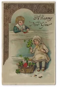 A New Year Greetings PC, Boy & Girl Exchanging Gifts at The Wall, Gel Finish - Picture 1 of 2