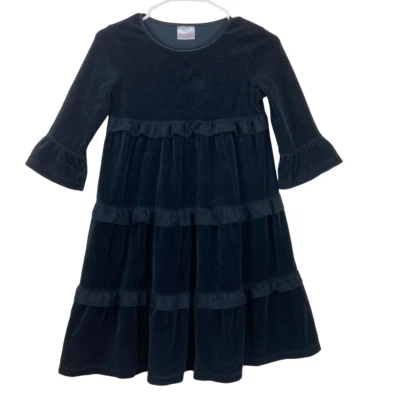Vestido Hanna Andersson Niñas Talla 140 EE. UU. Talla 10 Terciopelo Negro Volantes Capas Foto 1 de 4