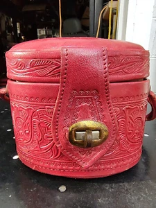 Vintage 1940’s Red Tooled Leather Box Purse, Oval Hand Bag Fair Condition - Picture 1 of 7