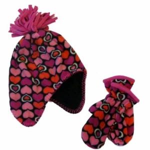 Faded Glory Girls Pink Hearts Hat & Mittens Beanie Stocking Trapper Hat - Picture 1 of 1