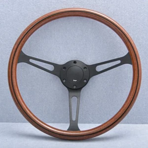 Classic 380mm Mahogany Wood Steering Wheel with Black Finish - Picture 1 of 11