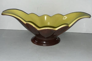Vintage Yellow & Brown Pottery Art Deco Flared Scalloped Planter Vase Console - Picture 1 of 10