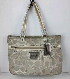 Coach 15389 Poppy Signature Lurex Glam Silver Tote Shoulder Handbag Purse - Picture 1 of 20