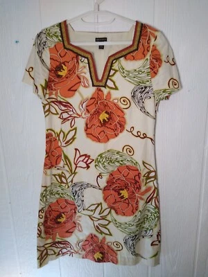 Dana Buchman Floral Print Dress Women's 8 Shift Short Sleeve Cotton Ivory Yoke - Image 1 of 4