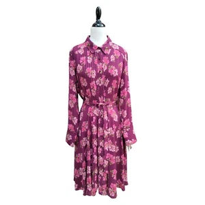 New NWT Nanette Lepore Pintucked Floral Midi Shirt Dress Sangria Pink Belted 12 - Picture 1 of 7